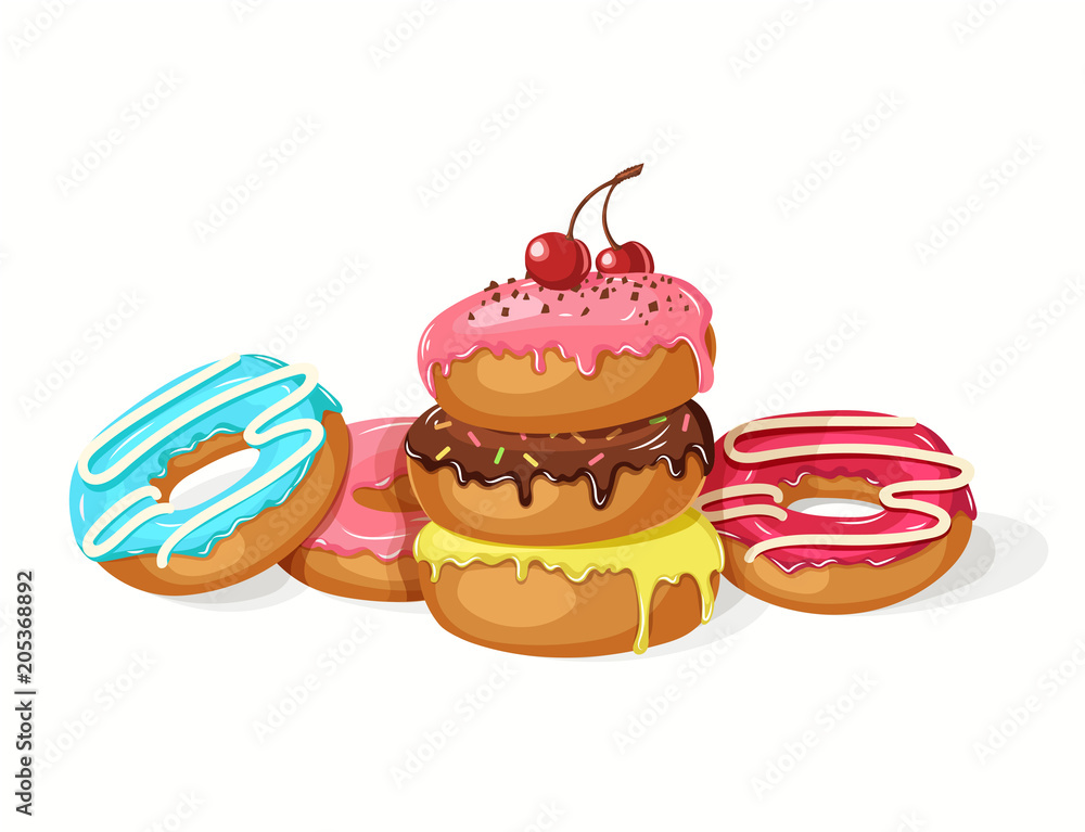 Set of sweet donuts. Vector glazed donuts with cherry, chocolate chips, powder isolated on white. Desert for menu, advertising and banners. Food design Set of sweet donuts. Vector glazed donuts with cherry, chocolate chips, powder isolated on white. Desert for menu, advertising and banners. Food design
