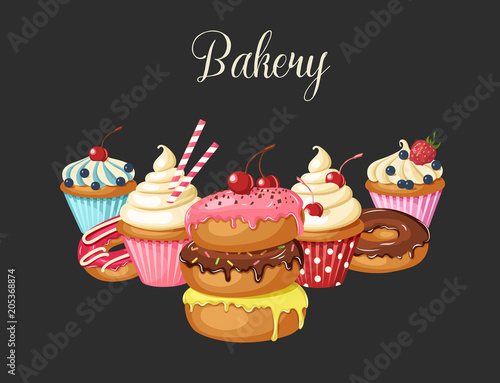 Set of sweet bakery. Vector glazed donuts  cupcakes with cherry  strawberries and blueberries on black. Desert for menu  advertising and banners. Food design 