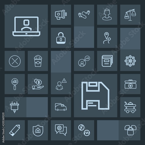 Modern, simple, dark vector icon set with plug, box, route, vehicle, white, emergency, map, transport, diskette, aid, video, power, cross, food, service, currency, finance, tshirt, cash, traffic icons