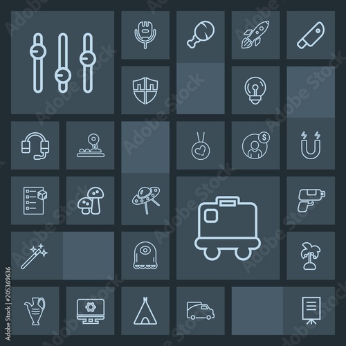 Modern, simple, dark vector icon set with traffic, travel, baggage, character, energy, monster, electric, people, equality, light, game, leaf, presentation, luggage, space, ufo, tropical, pistol icons