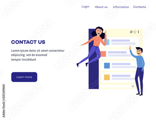 Woman and man near contact us form with messages - smiling flat cartoon female and male characters flying around connection box on web banner template. Isolated vector illustration.