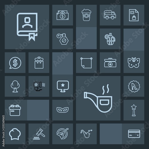 Modern, simple, dark vector icon set with mask, circle, masquerade, chief, jazz, uniform, vintage, carnival, ribbon, elegance, book, cook, celebration, gift, tobacco, grenade, party, office, war icons