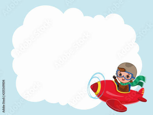 Cute boy pilot flies on a red plane with a label. Cartoon vector illustration
