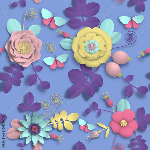 Fototapeta Naklejka Na Ścianę i Meble -  Paper craft 3D wild rose flowers, rosehip berries and butterfly seamless pattern. Vector illustration stock image