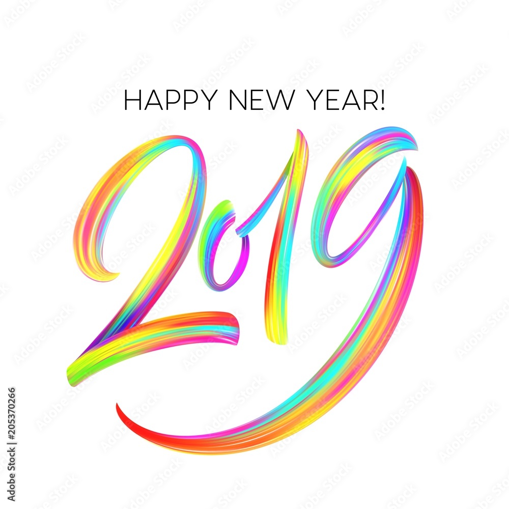 2019 New Year of a colorful brushstroke oil or acrylic paint lettering calligraphy design element. Vector illustration