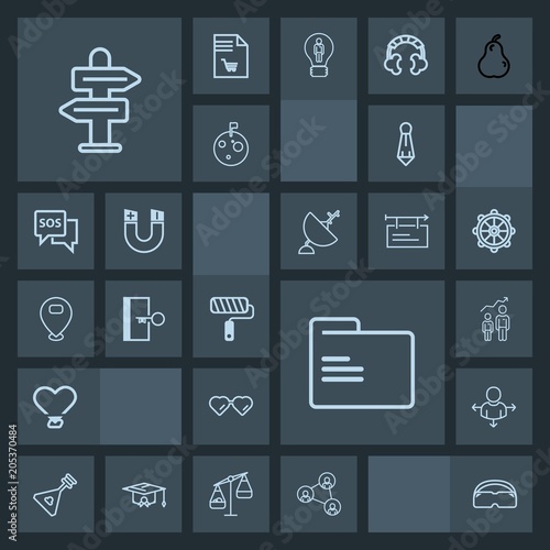 Modern, simple, dark vector icon set with folder, fashion, escape, file, paint, roll, glasses, sunglasses, folk, tie, success, office, tool, heart, paper, blank, white, personal, place, door icons