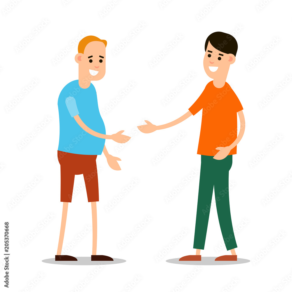Young man standing and greet each other. Group of young people. Funny cartoon guy in various poses. Cartoon illustration isolated on white background in flat style Young man standing and greet each other. Group of young people. Funny cartoon guy in various poses. Cartoon illustration isolated on white background in flat style