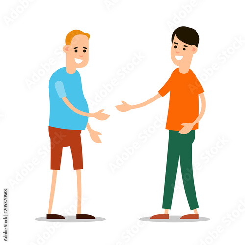 Young man standing and greet each other. Group of young people. Funny cartoon guy in various poses. Cartoon illustration isolated on white background in flat style