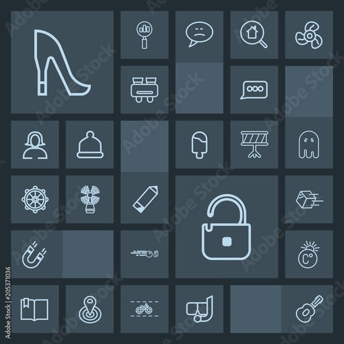 Modern, simple, dark vector icon set with hobby, shipping, chat, hit, water, beacon, package, speech, thermometer, pen, seamark, snorkel, click, pencil, science, lighthouse, message, female, sea icons