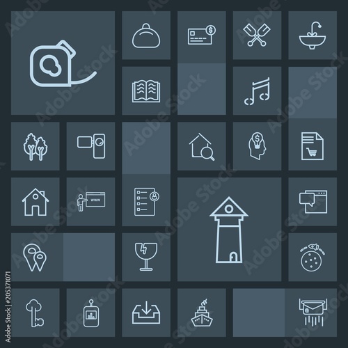Modern, simple, dark vector icon set with envelope, key, destruction, planet, speech, lock, pin, sound, technology, insulating, note, document, tower, location, music, job, old, bubble, landmark icons