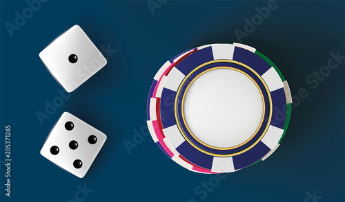 Casino background dice and chips. Top view of dice and chips on blue background. Online casino table concept with place for text on the chip