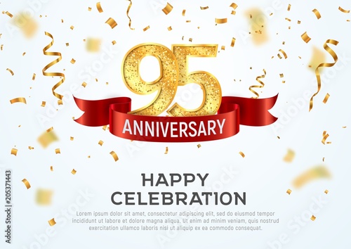 95 years anniversary vector banner template. Ninety-five year jubilee with red ribbon and confetti on white background