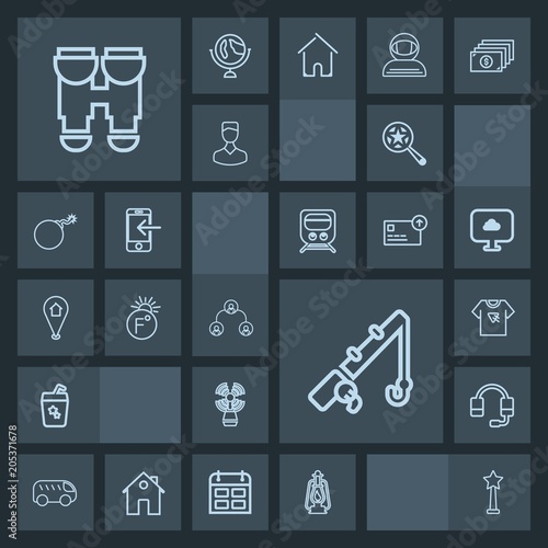 Modern, simple, dark vector icon set with kerosene, medal, juice, search, microphone, support, rod, lantern, call, fish, company, highway, tshirt, vision, typography, sport, lamp, drink, print icons