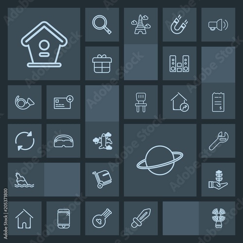 Modern, simple, dark vector icon set with orbit, house, drink, birdhouse, airplane, wrench, bottle, equipment, sword, home, beacon, planet, bag, blade, player, audio, water, seedling, sea, tool icons