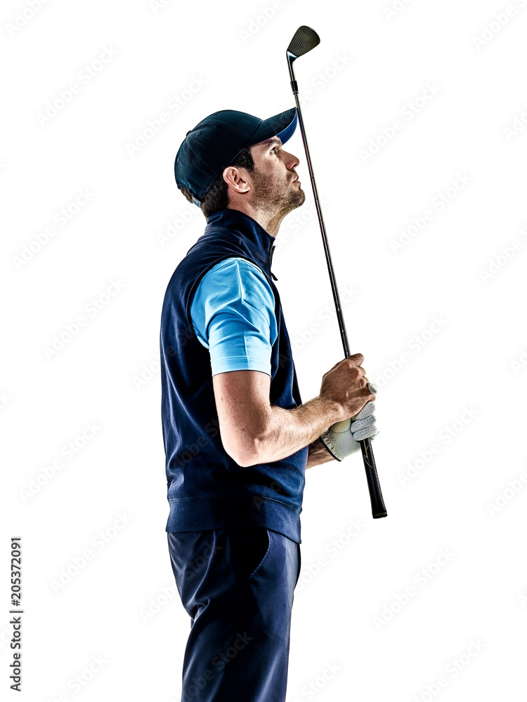 one caucasian man golfer golfing in studio isolated on white background one caucasian man golfer golfing in studio isolated on white background