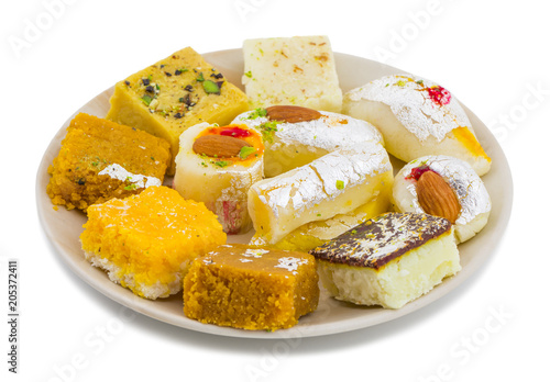 Indian Delicious Mix Sweet Food or Mix Mithai isolated on White Background