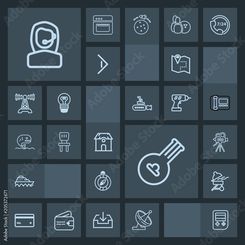 Modern, simple, dark vector icon set with money, camera, card, bbq, technology, boat, tripod, call, plastic, musical, business, barbecue, office, arrow, web, north, instrument, travel, road, map icons