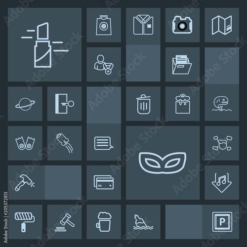Modern, simple, dark vector icon set with bottle, party, car, road, shovel, paper, man, file, plastic, office, tool, paint, fashion, male, internet, music, message, debit, celebration, water icons