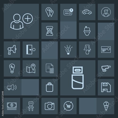 Modern, simple, dark vector icon set with wc, usb, retail, bank, ball, gun, finance, communication, technology, bathroom, location, war, ice, toilet, plug, cash, money, add, user, military, sign icons