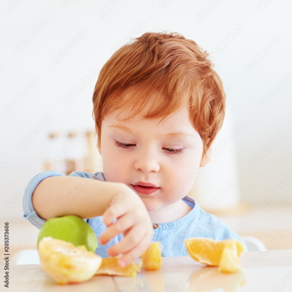 cute redhead toddler baby trying fresh apple and orange fruits cute redhead toddler baby trying fresh apple and orange fruits