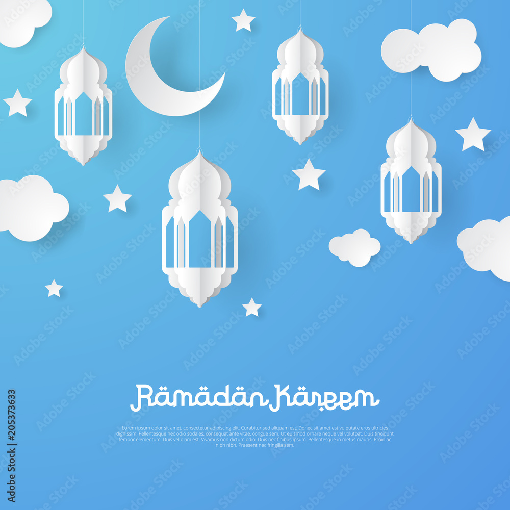 Ramadan kareem design background with lantern, moon, star, mosque paper art. vector illustration Ramadan kareem design background with lantern, moon, star, mosque paper art. vector illustration
