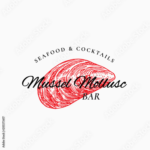 Mussel Mollusc Abstract Vector Sign, Symbol or Logo Template. Hand Drawn Shellfish Mollusc with Premium Classic Typography. Stylish Classy Vector Seafood and Cocktails Emblem Concept.