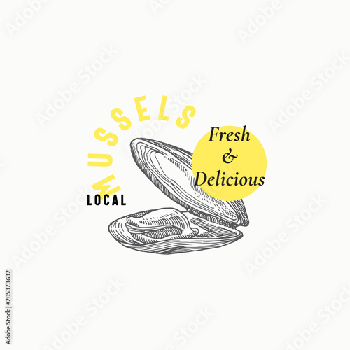 Local Mussels Abstract Vector Sign, Symbol or Logo Template. Hand Drawn Shellfish Mollusc with Premium Modern Typography. Stylish Classy Vector Emblem Concept.