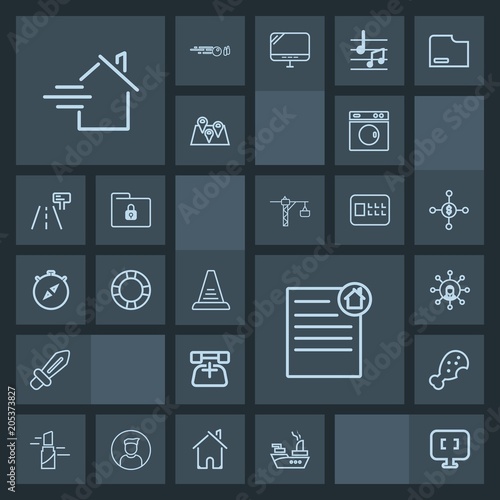 Modern, simple, dark vector icon set with estate, ship, call, clean, lipstick, laptop, meal, display, computer, fashion, telephone, medieval, laundry, screen, red, weapon, washer, house, real icons