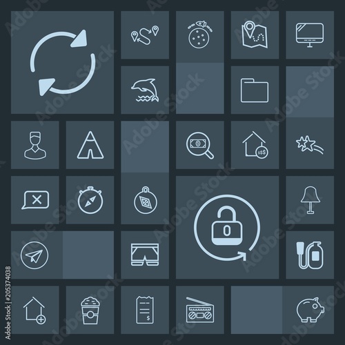 Modern, simple, dark vector icon set with refresh, security, property, audio, new, wear, house, fashion, light, white, message, unlock, web, open, economy, lock, communication, cash, music, home icons