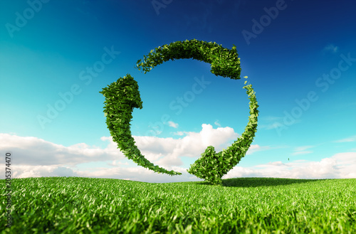 Sustainable development, eco friendly lifestyle concept. 3d rendering of arrow circle icon on fresh spring meadow with blue sky in background.