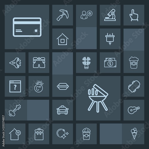 Modern, simple, dark vector icon set with coffee, plug, skater, sweet, musical, cooking, burger, skate, meat, dessert, key, owner, door, power, food, board, debit, white, home, house, banking icons