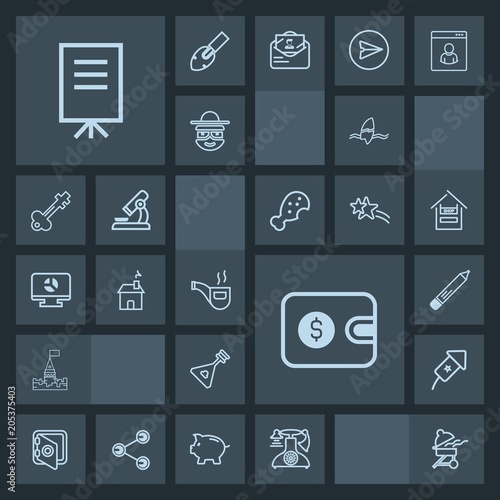 Modern, simple, dark vector icon set with money, musical, cash, telephone, wallet, meeting, festival, purse, people, stationery, surf, building, holiday, banking, presentation, instrument, music icons
