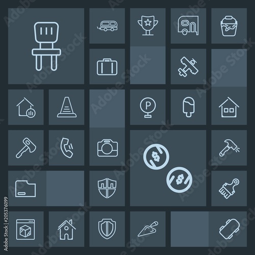 Modern, simple, dark vector icon set with finance, equipment, cell, tool, sign, shipping, online, extreme, chair, video, handle, film, protect, hammer, skateboard, document, internet, mobile, icons