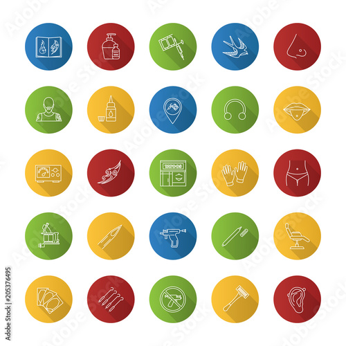 Tattoo studio flat linear long shadow icons set