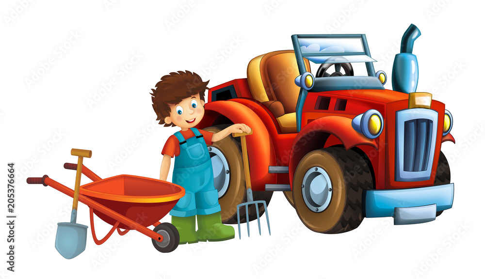 cartoon scene young boy near wheelbarrow and tractor - car for different  tasks - farming tools illustration for children Stock Illustration | Adobe  Stock