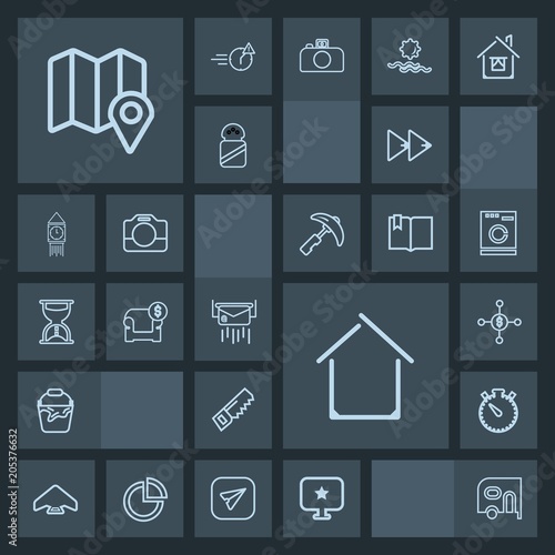 Modern, simple, dark vector icon set with business, music, investment, star, transportation, envelope, house, sign, home, extreme, clean, player, pin, van, money, watch, parachute, jump, car icons