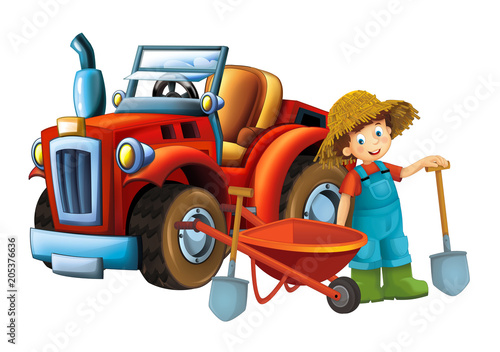 cartoon scene young boy near wheelbarrow and tractor - car for different tasks - farming tools illustration for children