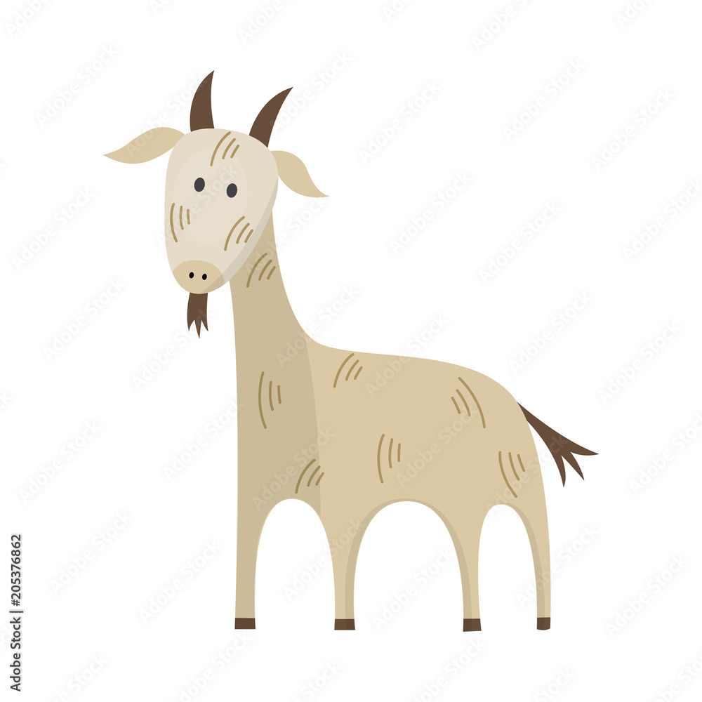 Cute white goat with small horns and beard hand drawn smiling character icon. Farm animal, livestock used for meat. Rural mammal. Vector flat isolated illustration