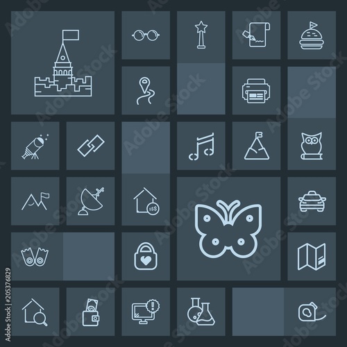 Modern, simple, dark vector icon set with printer, home, nature, car, butterfly, architecture, building, travel, medieval, object, house, underwater, fly, transport, laboratory, leather, flipper icons