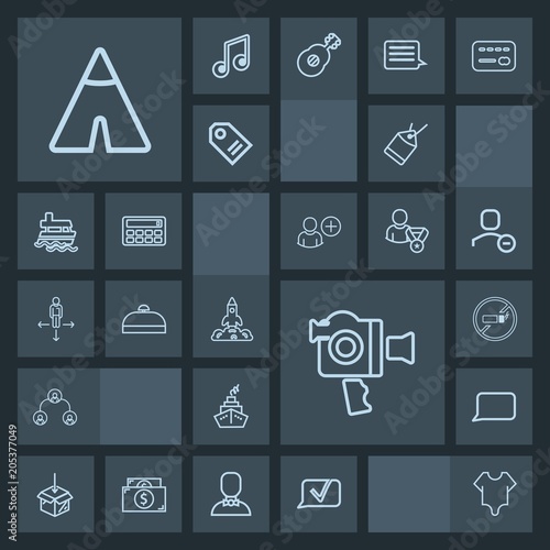 Modern, simple, dark vector icon set with hierarchy, launch, talk, bag, cute, rocket, paper, video, label, people, web, business, bodysuit, outdoor, travel, sign, shuttle, fashion, space, sale, icons