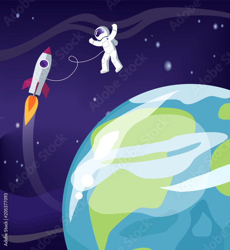 Astronaut and Earth with Ship Vector Illustration