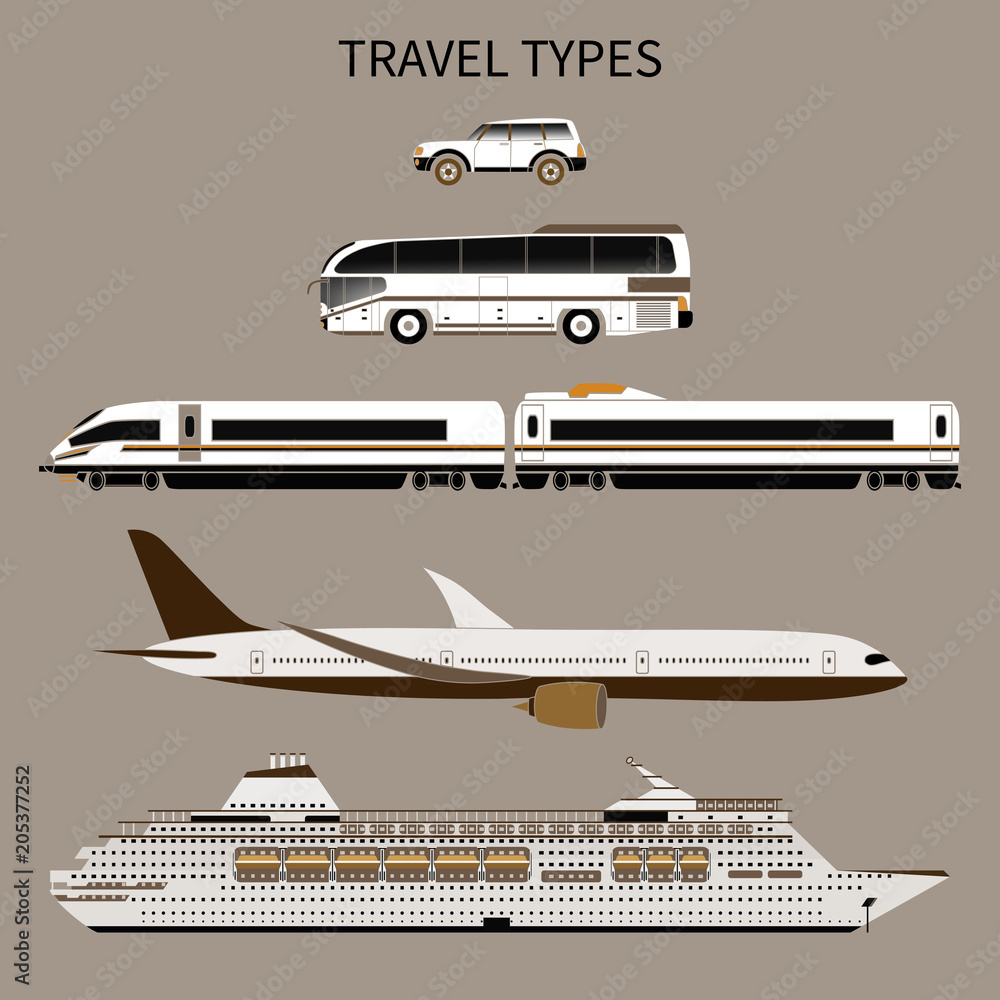 Tourist transport. Car, bus, train, airplane, ship