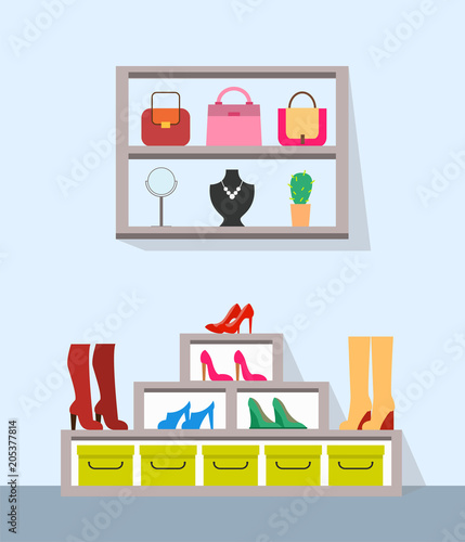 Shelves with Handbags Jewelry and Varied Footwear