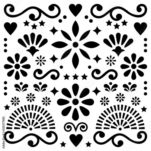 Mexican folk art vector pattern, black and white design with flowers greeting card inspired by traditional designs from Mexico