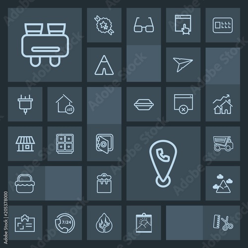 Modern, simple, dark vector icon set with safe, summer, hairdresser, frame, email, grass, salon, glasses, blank, search, send, identity, truck, person, location, professional, photo, dump, blue icons