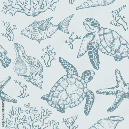 Seamless pattern with sketch of sea shells, fish, corals and turtle. Hand Drawn vector