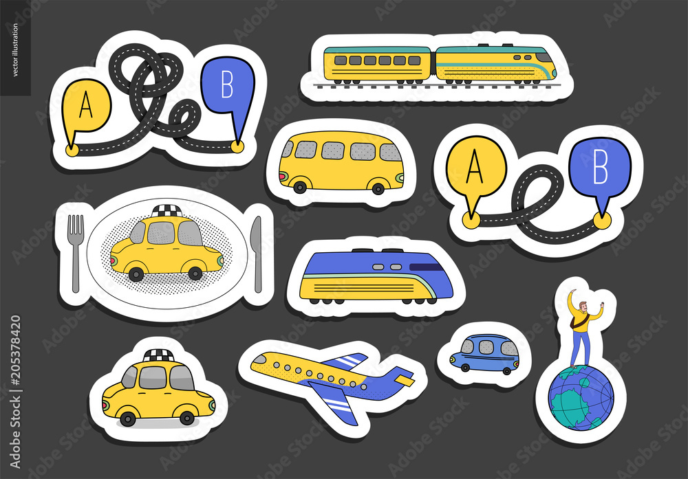From point A to point B a sticker set of transportation planning concept - airplane and train timetable graphics, taxi service, city road map, train timetable