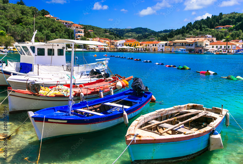 Beautiful authentic Greece - pictorial bay with fishing boats in Paxos. Ionian islands