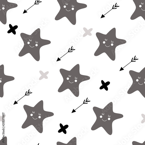 Pattern Scandinavian kids doodles elements monochrome fir tree elements and star background (arrows and smiling star) grey black white