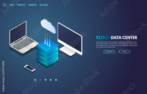 Isometric laptop, monitor and mobile phone connected to cloud storage server with isometric cloud icon. Site landing page or banner for cloud storage business. Trendy gradient and isometric vector.